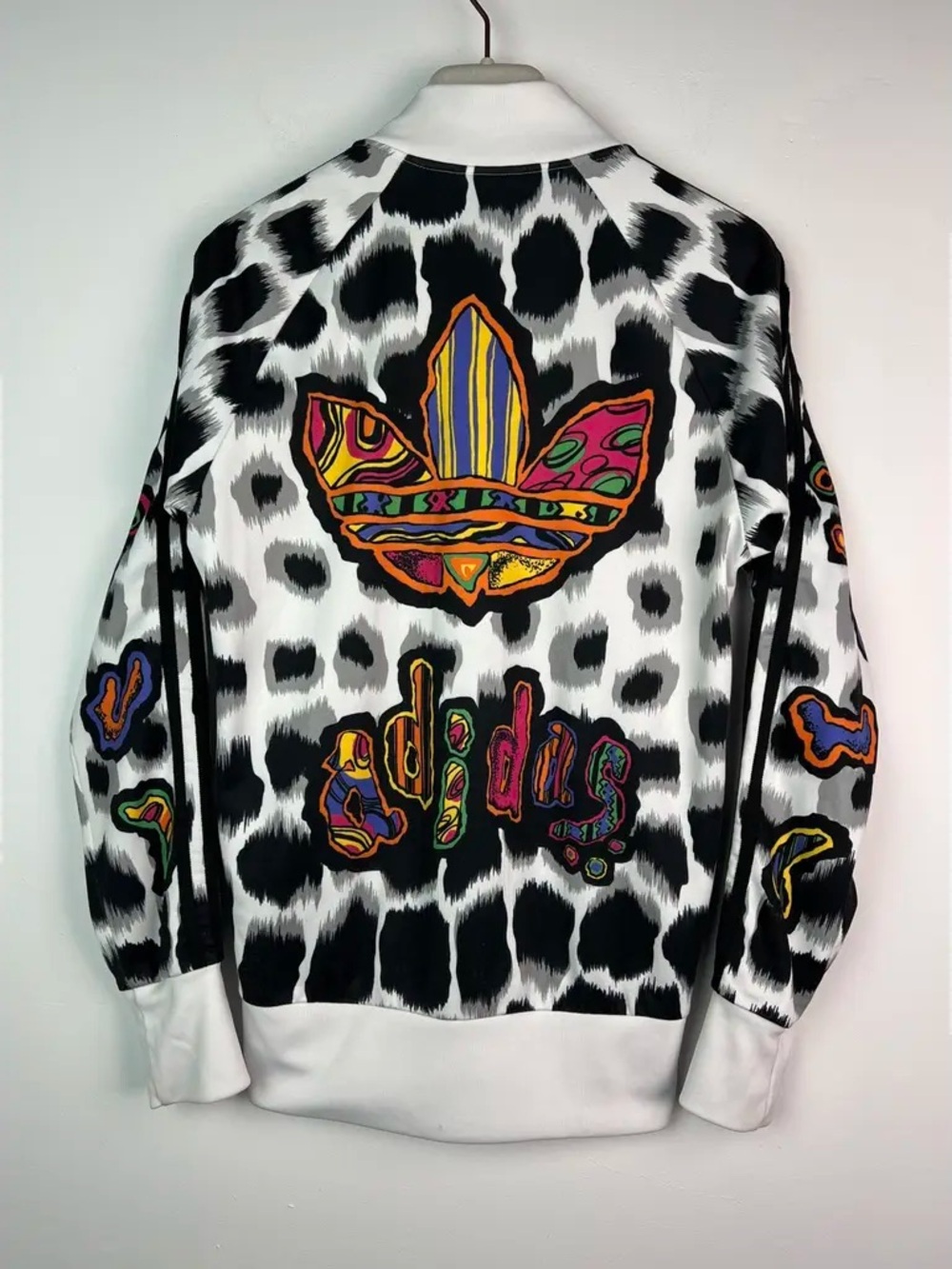 Jeremy Scott Black & White Leopard Zip Jacket with Multicolor Patchwork